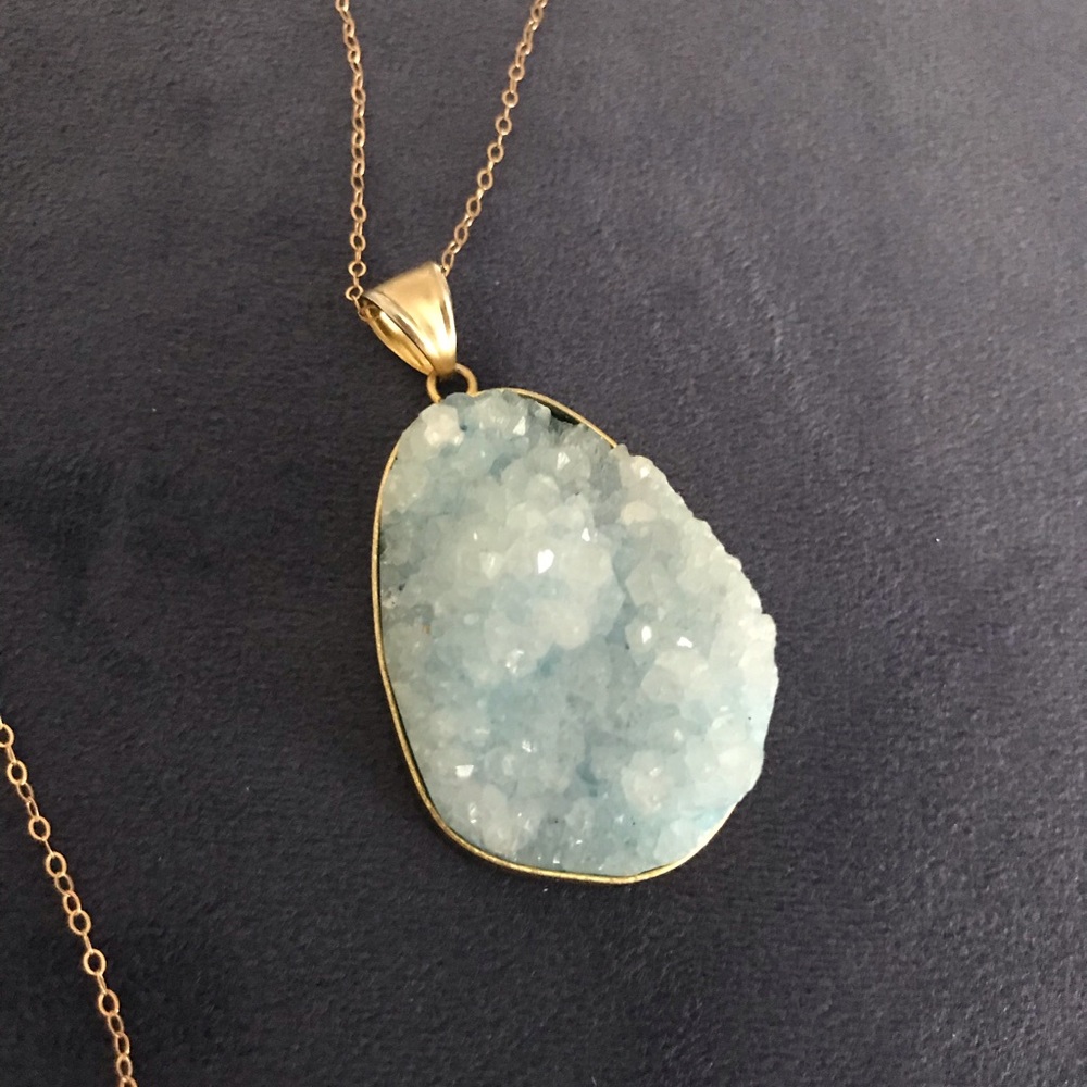 Light blue druzy long pendant necklace